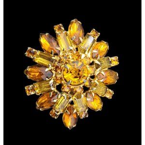 Vintage Rhinestone Brooch Pin Amber Citrine Topaz Colored Starburst Domed Floral